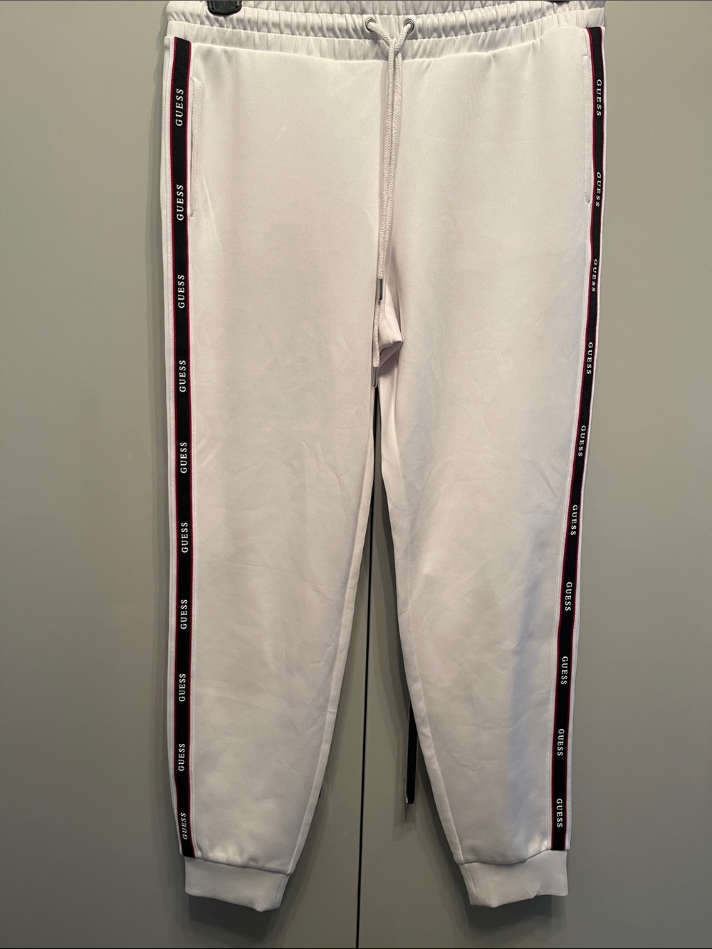 Guess White Jogger Pants with Black & Red Logo Tape